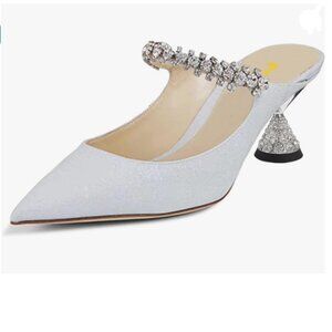 FSJ Silver Rhinestone Cone Low Heel Mules Pointed Toe One Strap Sandals